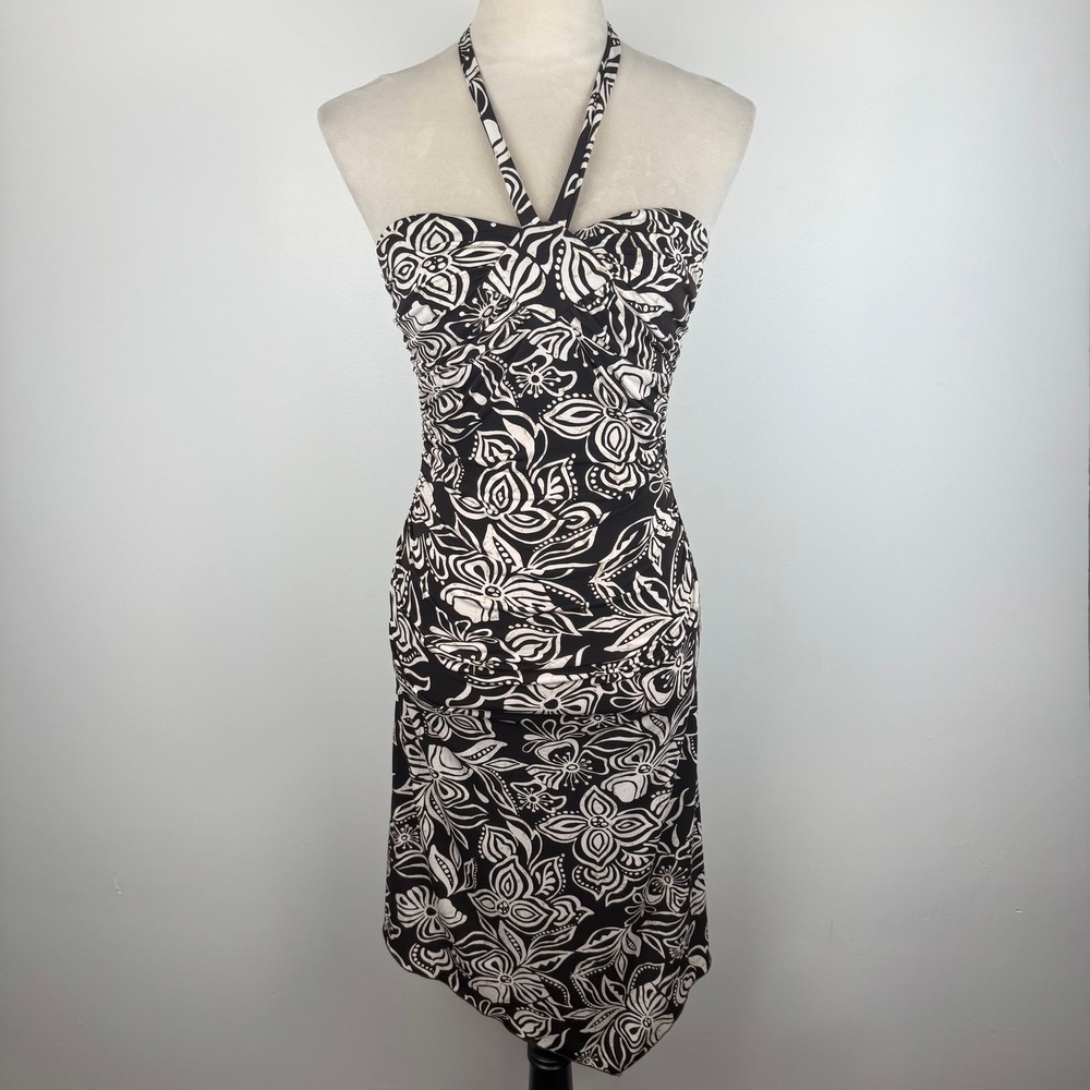 Vintage Y2K Trixxi Brown Cream Floral Halter Handkerchief Asymmetrical Hem Dress